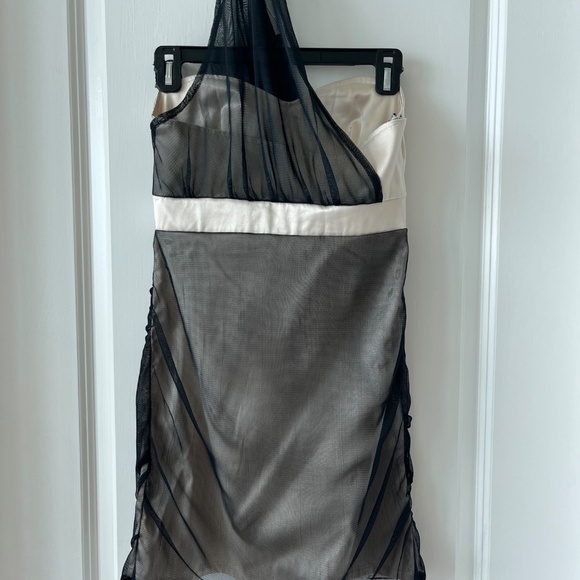 Black & Beige Sheer Overlay Halter Mini Dress - Picture 8 of 14